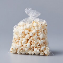 Poster - A clear plastic bag tightly filled with freshly popped popcorn sits against a neutral background, ready for a snack or movie night.