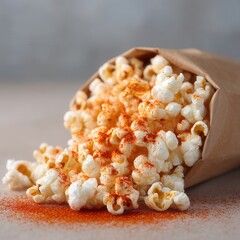 Poster - A paper bag spills popcorn coated with reddish seasoning onto a neutral surface, creating a tasty and inviting visual.