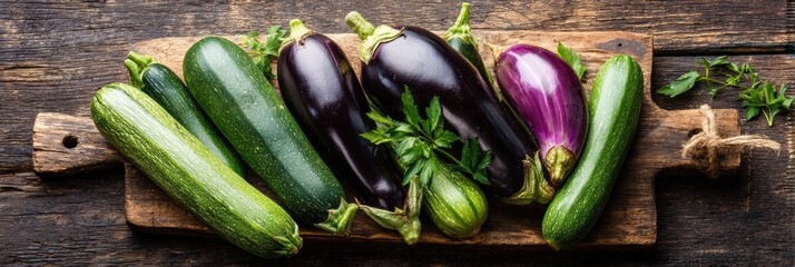 Poster - Fresh Eggplants and Zucchinis Arranged on Rustic Cutting Board With Green Herbs in a Warm Kitchen Setting