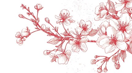 Aufkleber - Elegant line drawing of a spring cherry blossom branch, illustration for invites and cards