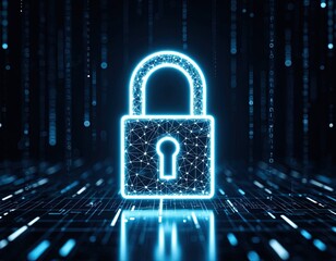 a clean, minimalist abstract image representing digital security with a glowing padlock formed by in