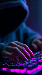 Poster - close-up of hands typing on a keyboard illuminated by pink and blue light, person wearing a hoodie, 