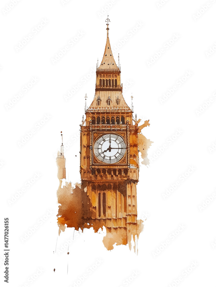 Watercolor rendition of Big Ben on an isolated clean backdrop ...