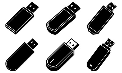 Poster - Six black and white usb flash drives in different shapes and orientations on a white background design vector