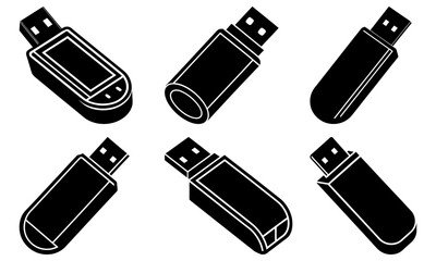 Poster - Illustration showing six different usb flash drives in black and white with varying shapes and styles