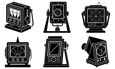Poster - Illustration showing a collection of black and white radar screens in various styles and orientations