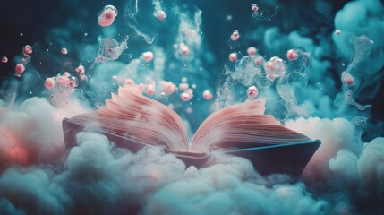 Poster - Open book levitating in mystical, ethereal smoke and glowing orbs.