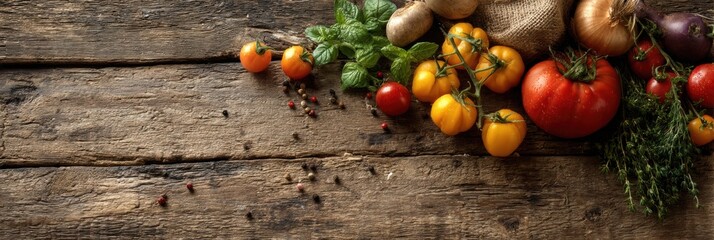 Poster - Fresh Produce Scattered on Rustic Wood Background Showcasing Vibrant Colors and Textures in a Natural Setting