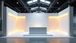 © Leonardo - Stand de exposición empresarial blanco en blanco con podio central, paneles de pared retroiluminados y suelo minimalista en un lugar espacioso