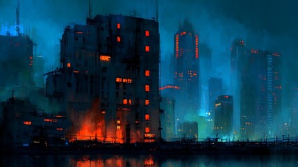 Leinwandbilder - Empty cyberpunk city, digital painting of futuristic building, cityscape at night, metropolis, neon lighting, dystopic sad environement, digital painting, art wallpaper, technology, city skyline