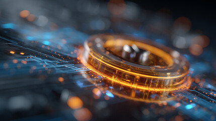 Poster - abstract image of glowing orange ring on dark blue circuit board, showcasing technological advanceme