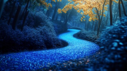 Poster - Serene winding path through a mystical blue forest at twilight.