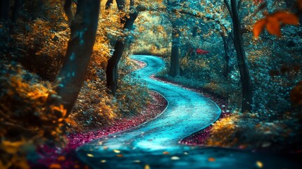 Poster - Winding road through a vibrant autumn forest.