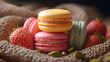 © Jack - Three colorful macarons nestled in a cloth with pistachios and fresh strawberries scattered around them. Concept Macarons Display, Colorful Pastry, Rustic Presentation, Fresh Ingredients