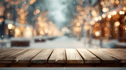 Aufkleber - Empty wooden table in front of blurred winter holiday background glitter warm lights orange