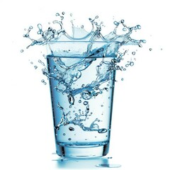 Poster - Pure drinking water overflowing and splashing from a glass on a white background