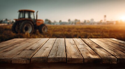 Poster - Empty wooden table top with blur background of farm