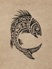 Fototapete - Hand-drawn Fish Bone Logo on Textured Background Featuring Intricate Details and Organic Shapes