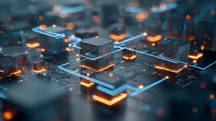 Poster - Abstract image of interconnected glowing cubes, suggesting a network or digital system.  Represents technological advancement, connectivity, and data flow.  Suitable for tech concepts.