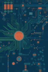 Fototapete - Intricate circuit board design with green and orange traces on blue background