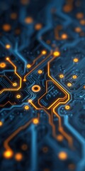 Poster - futuristic circuit board with glowing orange connections on blue background