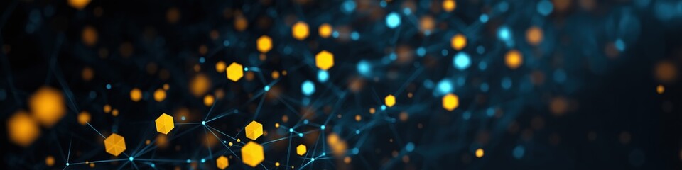 Poster - abstract network of glowing hexagons and blue lines on a dark background
