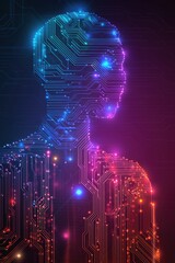 Poster - Futuristic digital circuitry male silhouette in neon lights