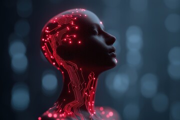 Fototapete - futuristic female silhouette with circuitry and red neural network glow