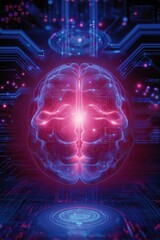 Poster - Futuristic digital brain in neon blue and pink cybernetic environment