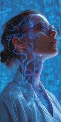 Poster - Young caucasian female scientist with digital neural network hologram overlay in blue light
