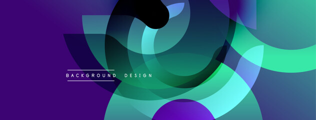 Poster - Abstract design features overlapping circles, gradients. Purple, teal hues dominate composition. Modern aesthetic, dynamic visual impact.