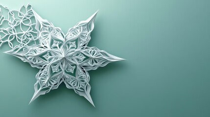 Poster - Intricate white paper snowflakes on teal background.