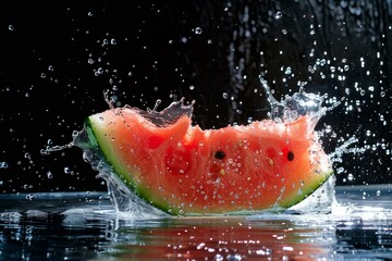 Poster - Fresh watermelon slice splashing making water drops fly everywhere on a black background