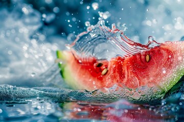 Poster - Ripe red watermelon slice making a splash in cool water, embodying summer refreshment