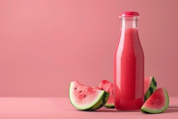 Poster - glass bottle full of fresh watermelon juice with watermelon slices, promoting a healthy summer bever