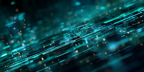 Poster - abstract teal and gold geometric shapes, blurred lines and bokeh lights create a dynamic, technologi