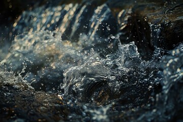 Poster - Refreshing stream water flows over dark rocks, creating stunning splashes and droplets