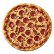 © Natnicha - Delicious pepperoni pizza with a golden crust, topped with savory sausage and melted cheese on a white isolated background.