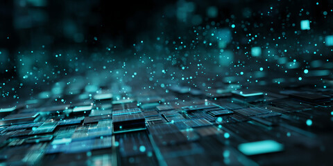 Poster - abstract image of dark teal cubes and glowing particles, suggesting a digital or technological conce