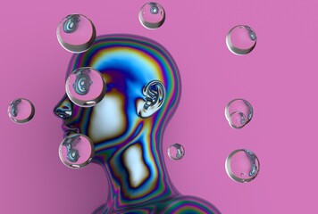 Poster - vibrant 3D illustration features a rainbow-colored human profile with reflective soap bubbles floating against a pink background, blending realism and surrealism for a striking, futuristic art effect.