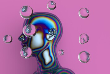Poster - vibrant 3D illustration features a rainbow-colored human profile with reflective soap bubbles floating against a pink background, blending realism and surrealism for a striking, futuristic art effect.