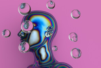 Poster - vibrant 3D illustration features a rainbow-colored human profile with reflective soap bubbles floating against a pink background, blending realism and surrealism for a striking, futuristic art effect.