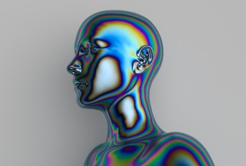 Aufkleber - 3D illustration of a stylized human bust with an iridescent, multicolored metallic texture. The abstract, futuristic figure stands out against a plain gray background, giving a modern, surreal effect.