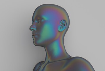 Aufkleber - 3D illustration of a stylized human bust with an iridescent, multicolored metallic texture. The abstract, futuristic figure stands out against a plain gray background, giving a modern, surreal effect.