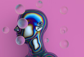 Poster - vibrant 3D illustration features a rainbow-colored human profile with reflective soap bubbles floating against a pink background, blending realism and surrealism for a striking, futuristic art effect.