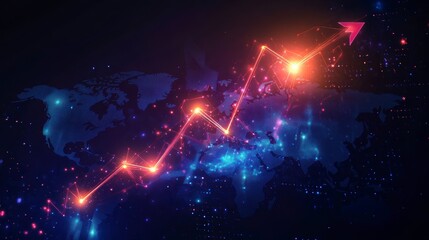 Poster - Global growth, upward trend shown on a world map with glowing arrow.