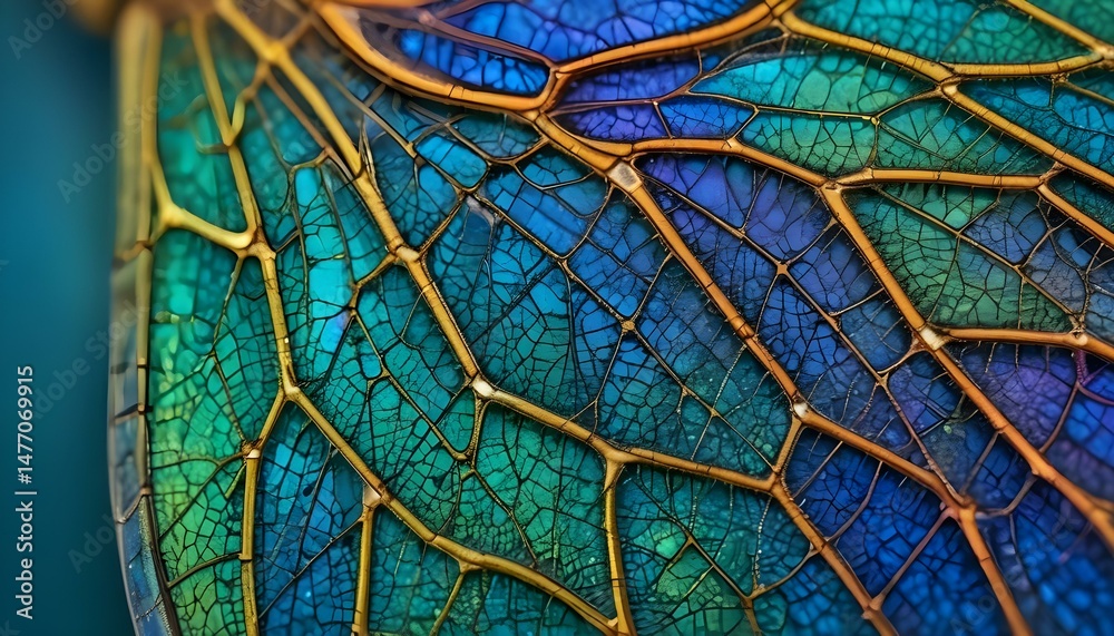 Magnificent detail showcases an intricate dragonfly wing in stunning colors with gold details.