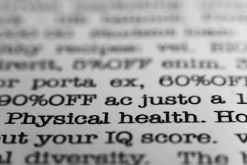Poster - Physical health. Text printed on a page. A piece of paper with a phrase written in retro typewriter font