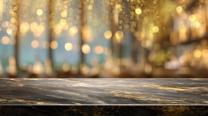 Fototapete - Festive background, modern empty dark gold marble table top on blurry bokeh room interior background or restaurant, holiday concept, for montage product display