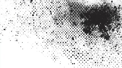 Poster - Abstract black ink splatter on white background with halftone dots effect.